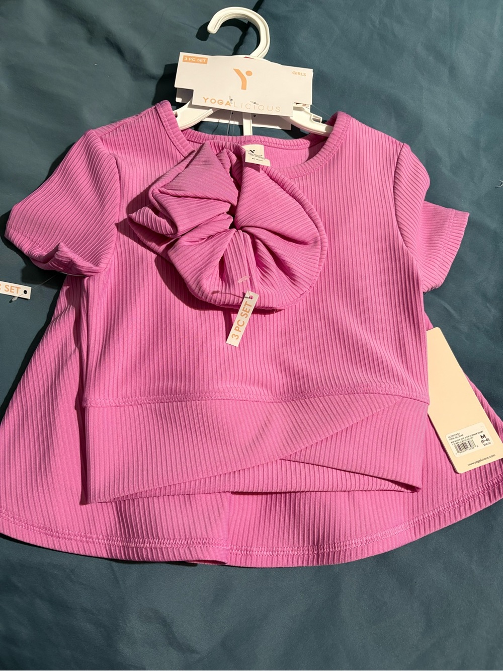 Yogalicious Girls Short Sleeve Ribbed Top with Matching Scrunchie in Bright Pink